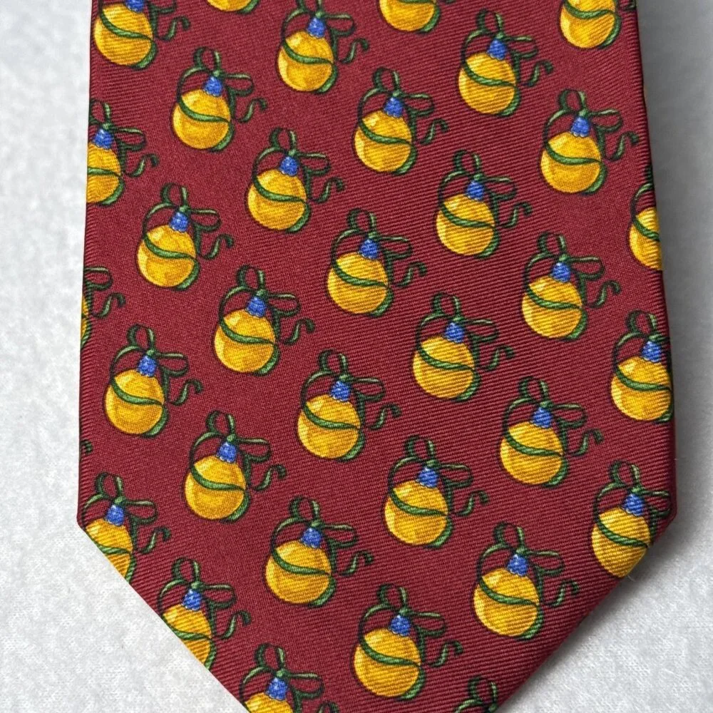 Brooks Brothers Makers Men Silk Tie Burgundy Red Gold Christmas Ornament Holiday